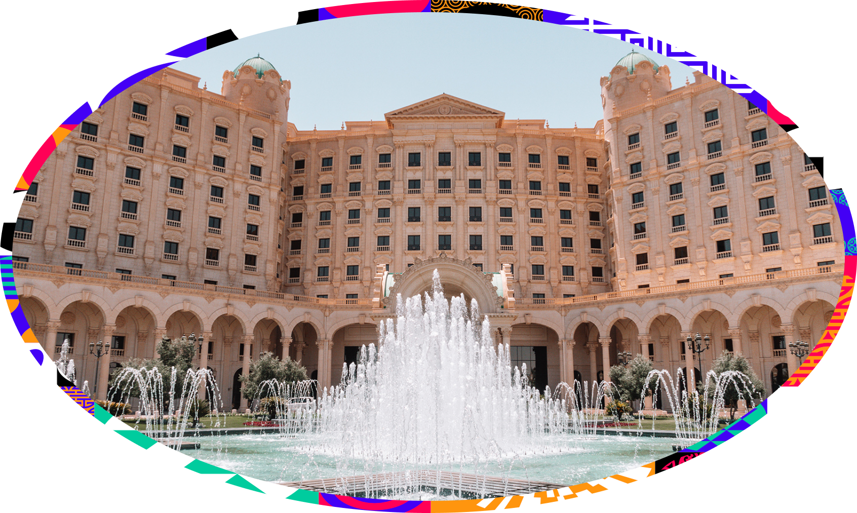 Exterior of The Ritz-Carlton in Riyadh with fountains in the foreground